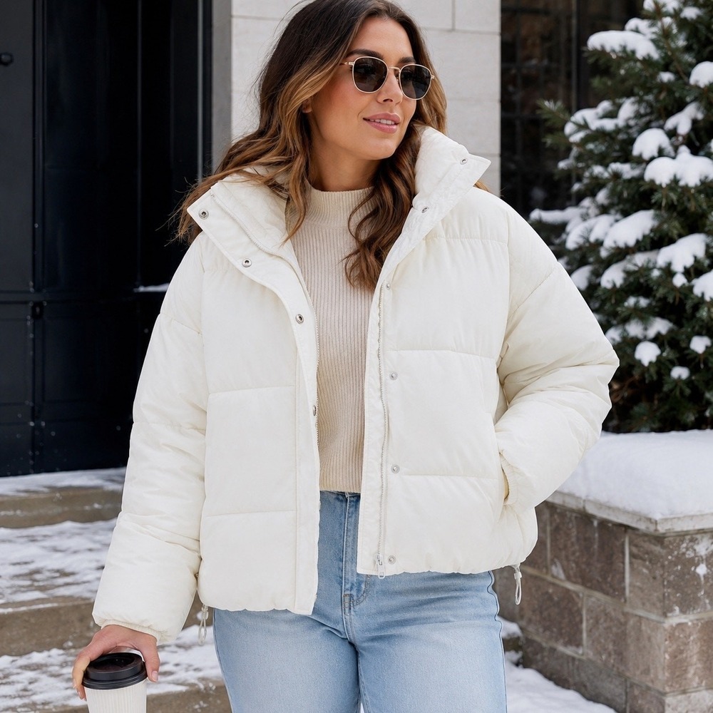 NWT Noize Amanda Cropped Puffer Jacket XL Cream Vegan Sustainable Winter Coat